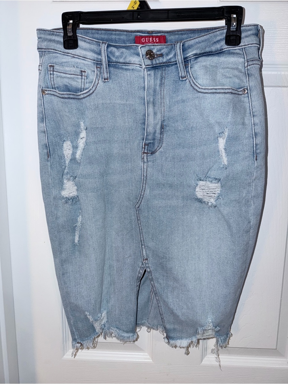 GUESS Light Blue High-Rise Distressed Denim Skirt